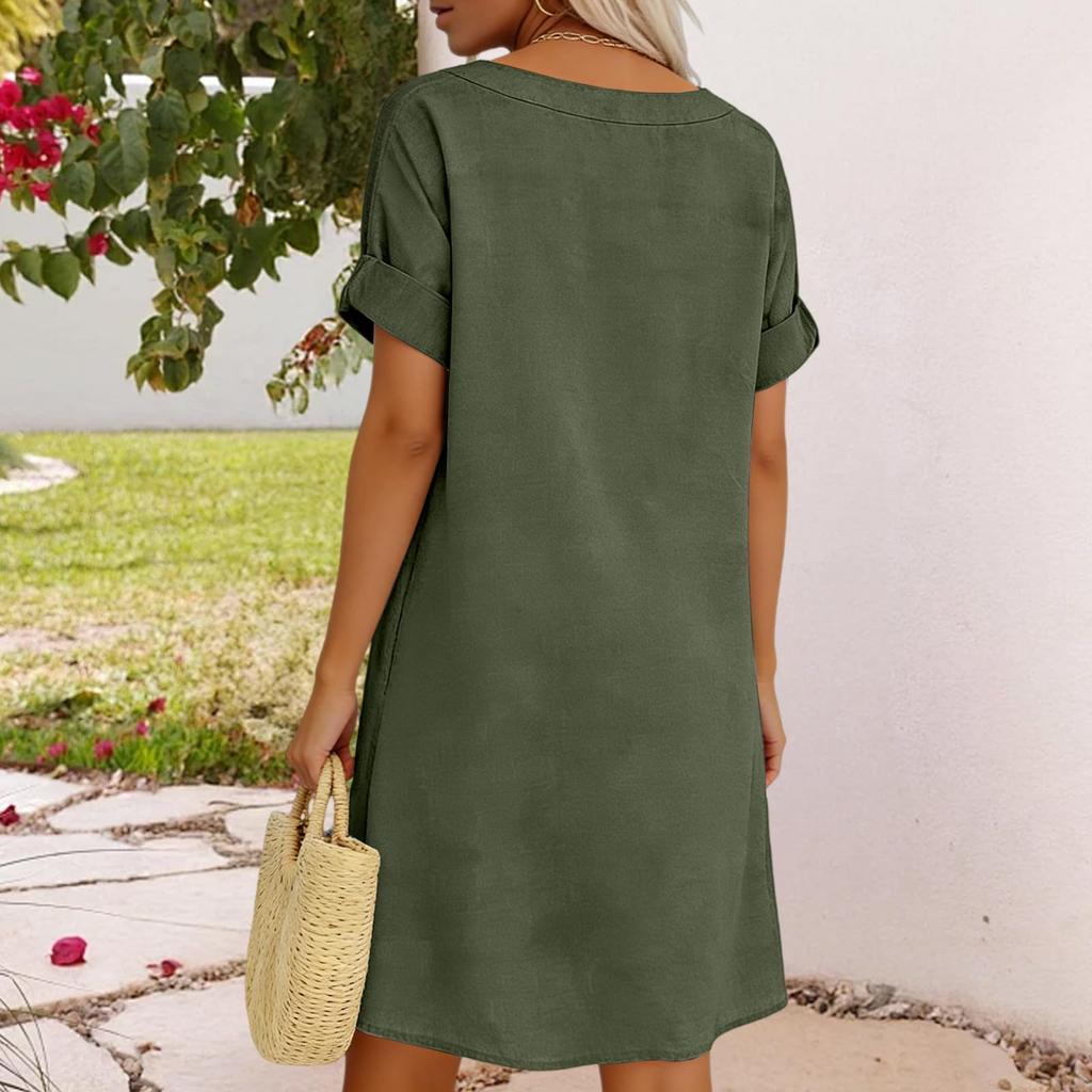 Lockeres V-Ausschnitt Kurzarm Hemdblusenkleid mit Knopfleiste und Taschen-Design Lässiges Sommerkleid für Damen Leinenmischgewebe