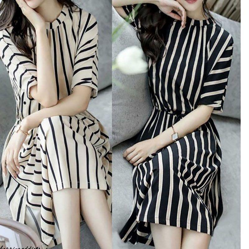 Elegant Women Fashion Summer A Line Stripe Midi Dress In Plus Size For The Stylish You