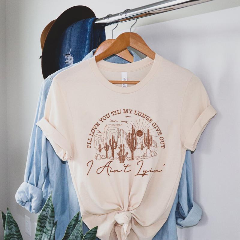 Mountain Cactus Print Retro Western TShirt Cowgirl Cute Country Music T Shirt Short Sleeve Loose Vintage Graphic Tees Women Top