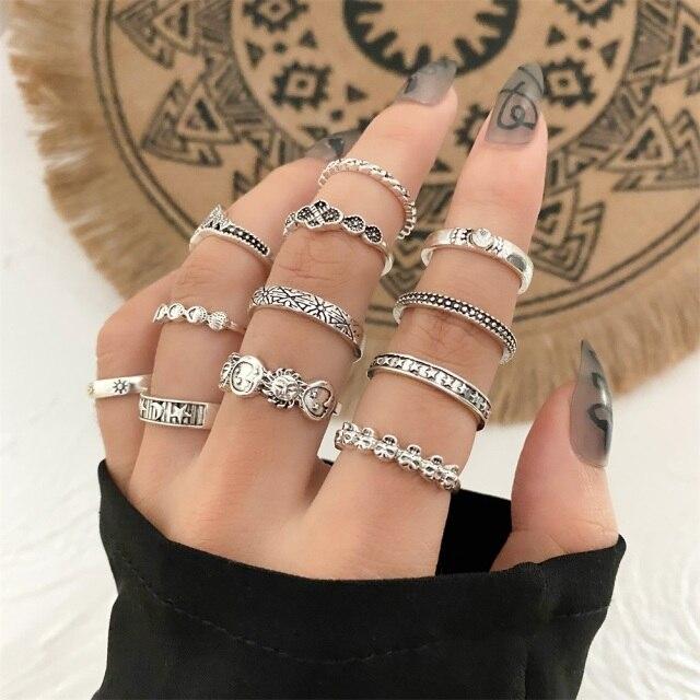 Anillo Geométrico Hueco Articulado Metálico Gótico 17KM para Mujer Anillo de Dedo con Forma de Sol y Hoja Plateado Vintage Accesorios de Joyería de Tendencia