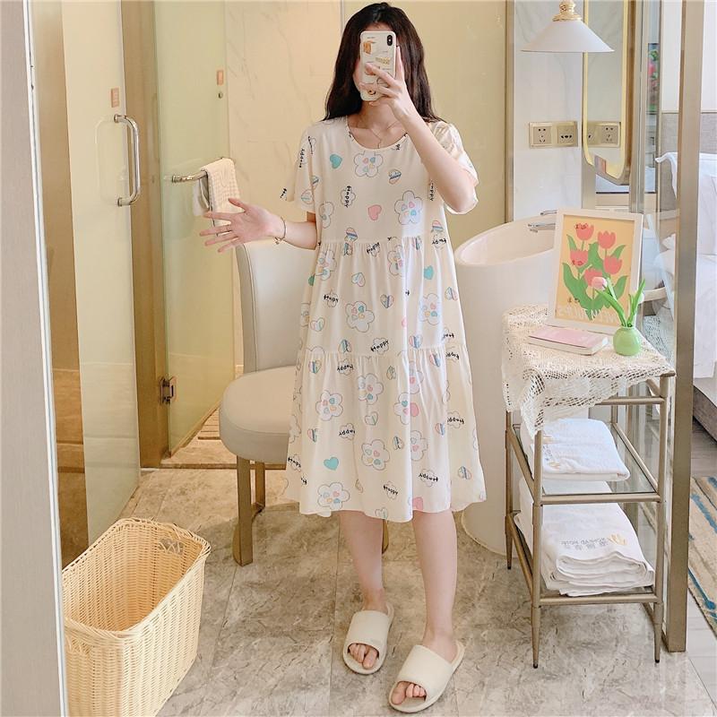 Cotton and silk nightgown women's spring and autumn casual short-sleeved large-size printed pajamas summer thin high-end cotton loungewear