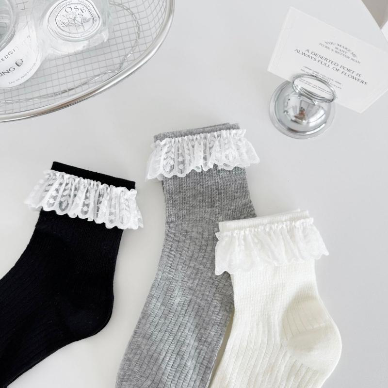 Solid-color Women's Spring and Summer Breathable Thin Combed Cotton Lace Short Socks