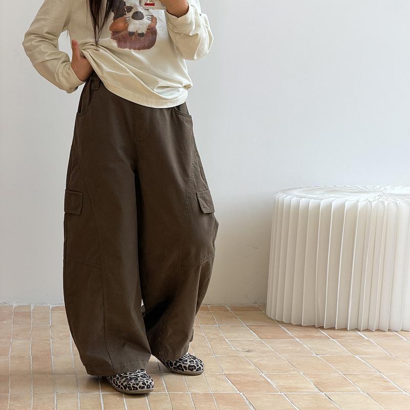 Kids Korean Style Casual Wide Leg Cargo Trousers With Side Pockets