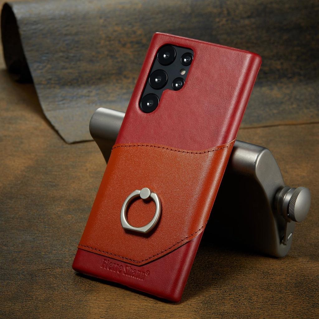 

Metal Ring Genuine Cowhide Leather Case for Samsung Galaxy S24 Ultra S23 Plus S22 S21 S20 S10+ Note 20 Card Slot Bracket Cover S24 красный