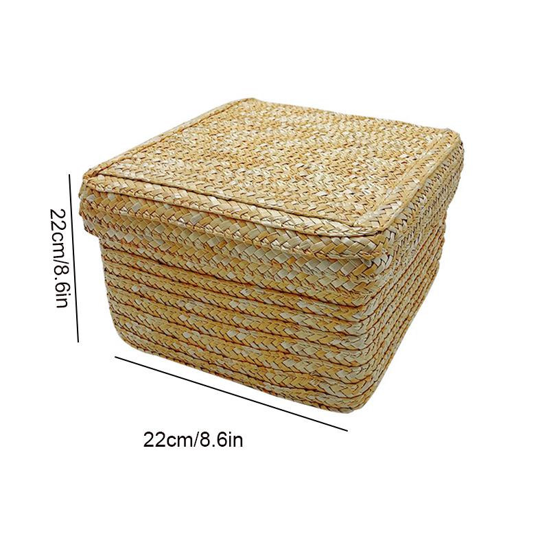 Woven Straw Storage Baskets with Lid Rattan Snack Container Multipurpose Bins Laundry Toys Organizer Household Folding Straw Box