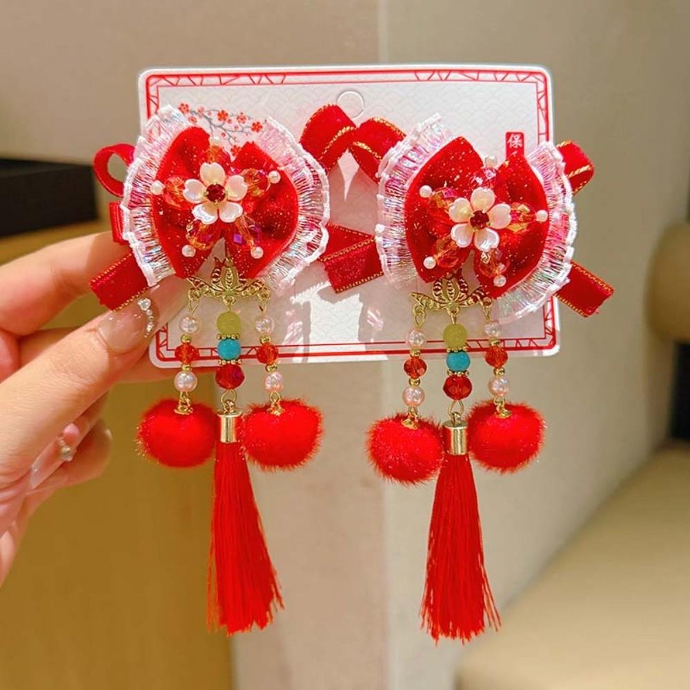 2pcs Bow New Year Tassel Barrettes Plush Ball Embroidered Bow Headwear Hanfu Hair Accessories  Kids