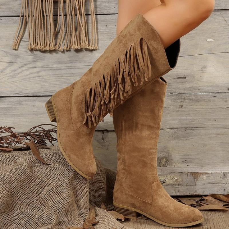 Large Size Cowboy Merry Su Knight Boots Autumn and Winter New Medium Heel But Knee Women's Boots