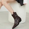 Pointed western cowboy boots women's naked boots spring and autumn fashion temperament scratched wrinkled V-mouth thick heel short boots