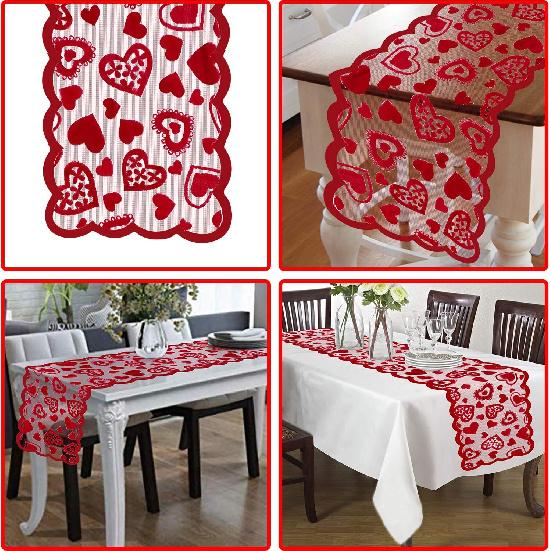 Mosoan Valentines Day Decor Table Runner - 13 x 72 Inch Red Lace Table Runner for Wedding Party, Valentines Decorations - Valentines Day Decor Home