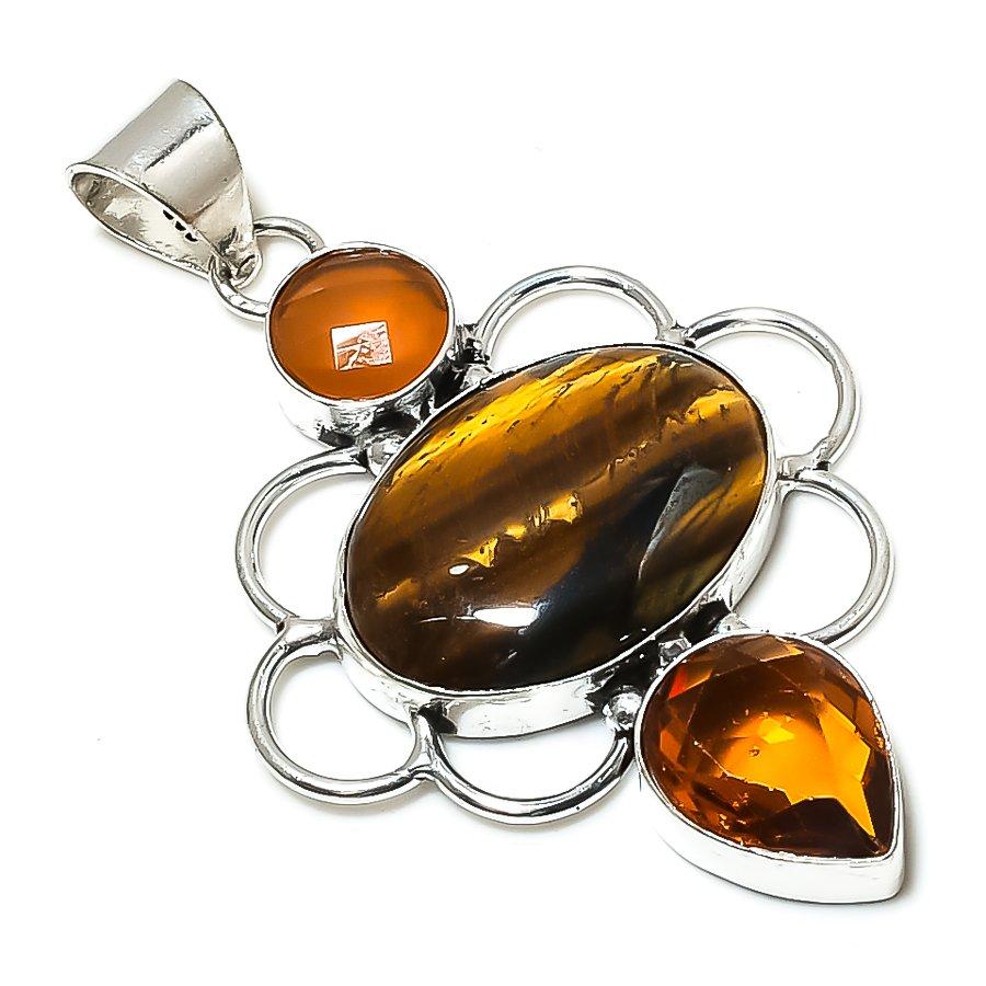 Tiger Eye, Citrine Gemstone 925 Sterling Silver Jewelry Pendant 2.56" SU-7141