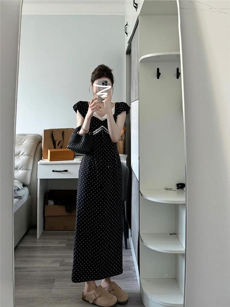 French Coffee Break Temperament Long Dress Women's Summer New Design Feeling Waist Thin Black Polka Dot Dress