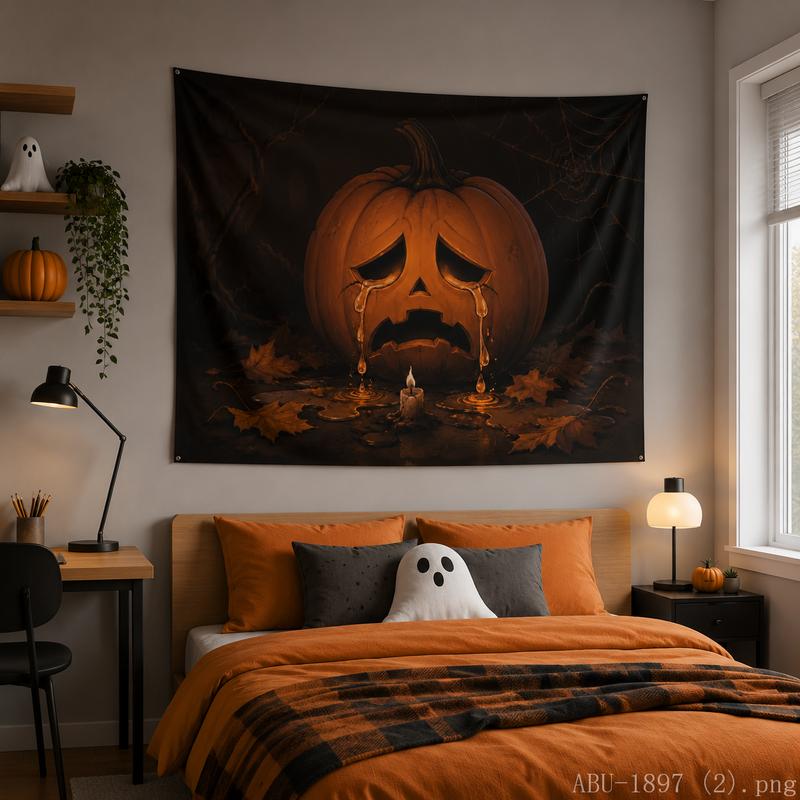 Sad Vintage Pumpkin Tapestry Dry Maple Leaf Candle Dark Halloween Art Wall Hanging Bedroom Dorm Decor Cloth