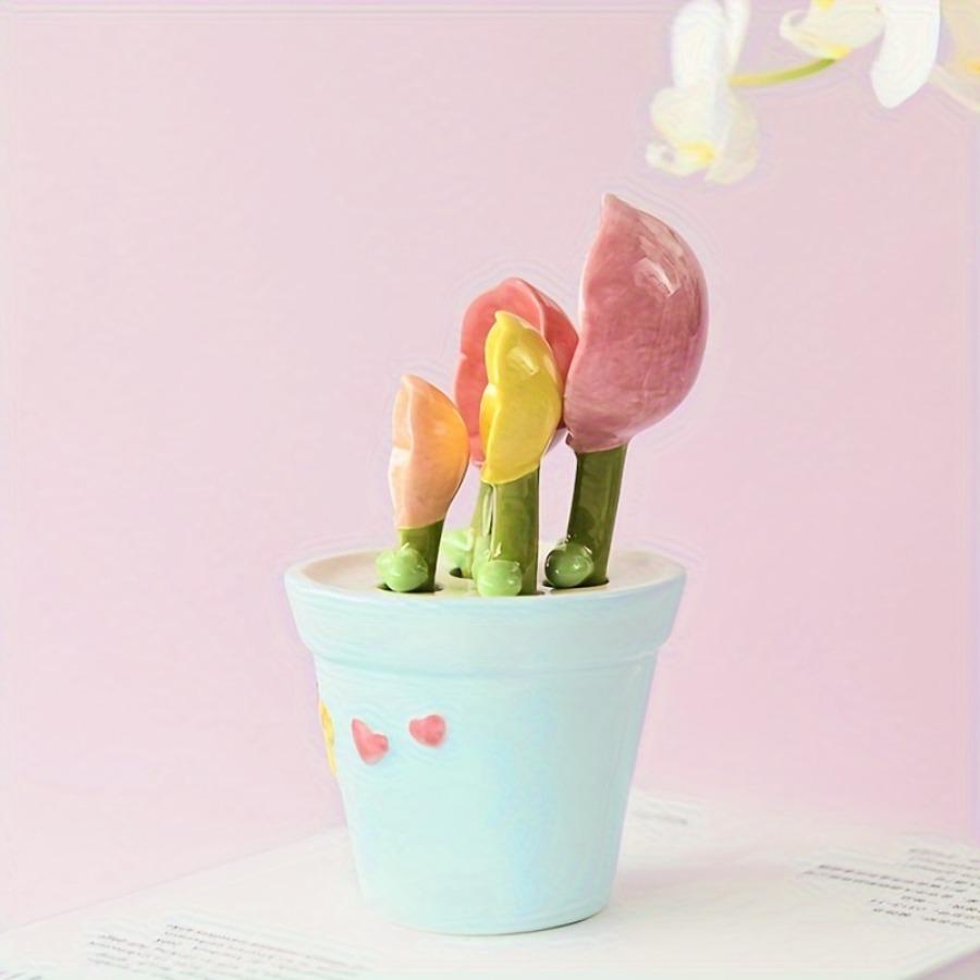 Ceramic Measuring Spoon Multifunctional Flower Measuring Spoon Cute Base Spoon Holder Household Kitchen Supplies Accessories