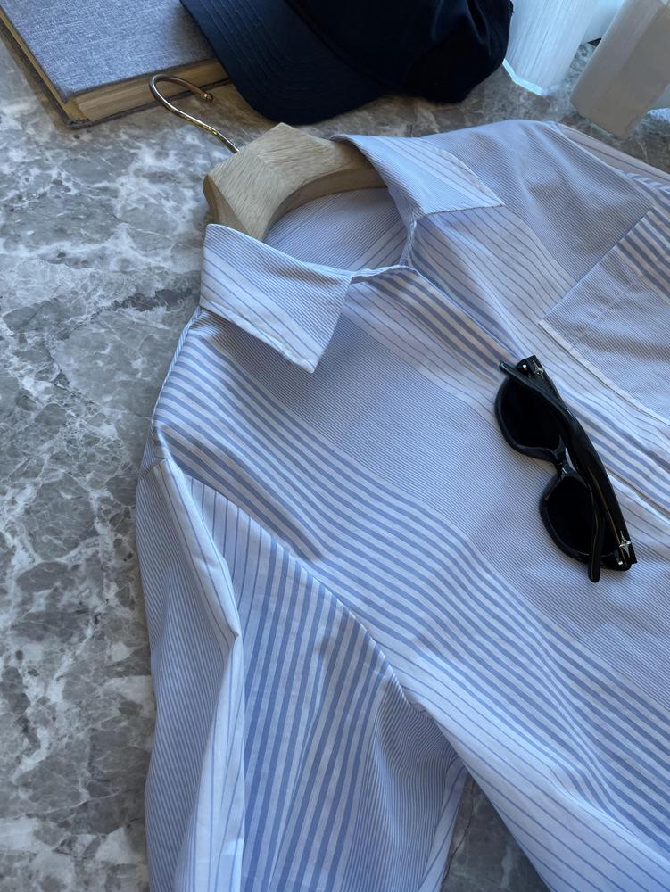 High-End Minimalist Striped Long-Sleeve Turn-Down Collar Shirt for Women