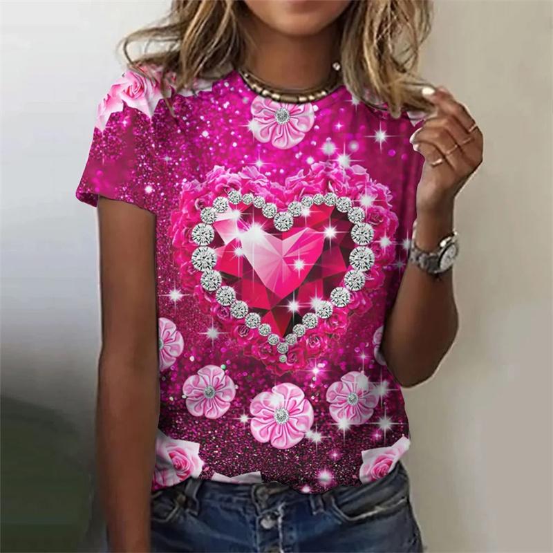 Summer Round Neck Colorful Cartoon Love Pattern 3D Print Top Fashionable Casual Short Sleeved Women's T-shirts