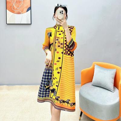 A-Linien-Kleid im Retro-Stil für Damen, neuer lockerer, plissierter High-End-Rock mit halbhohem Ausschnitt und 7/4-Ärmeln in mittlerer Länge