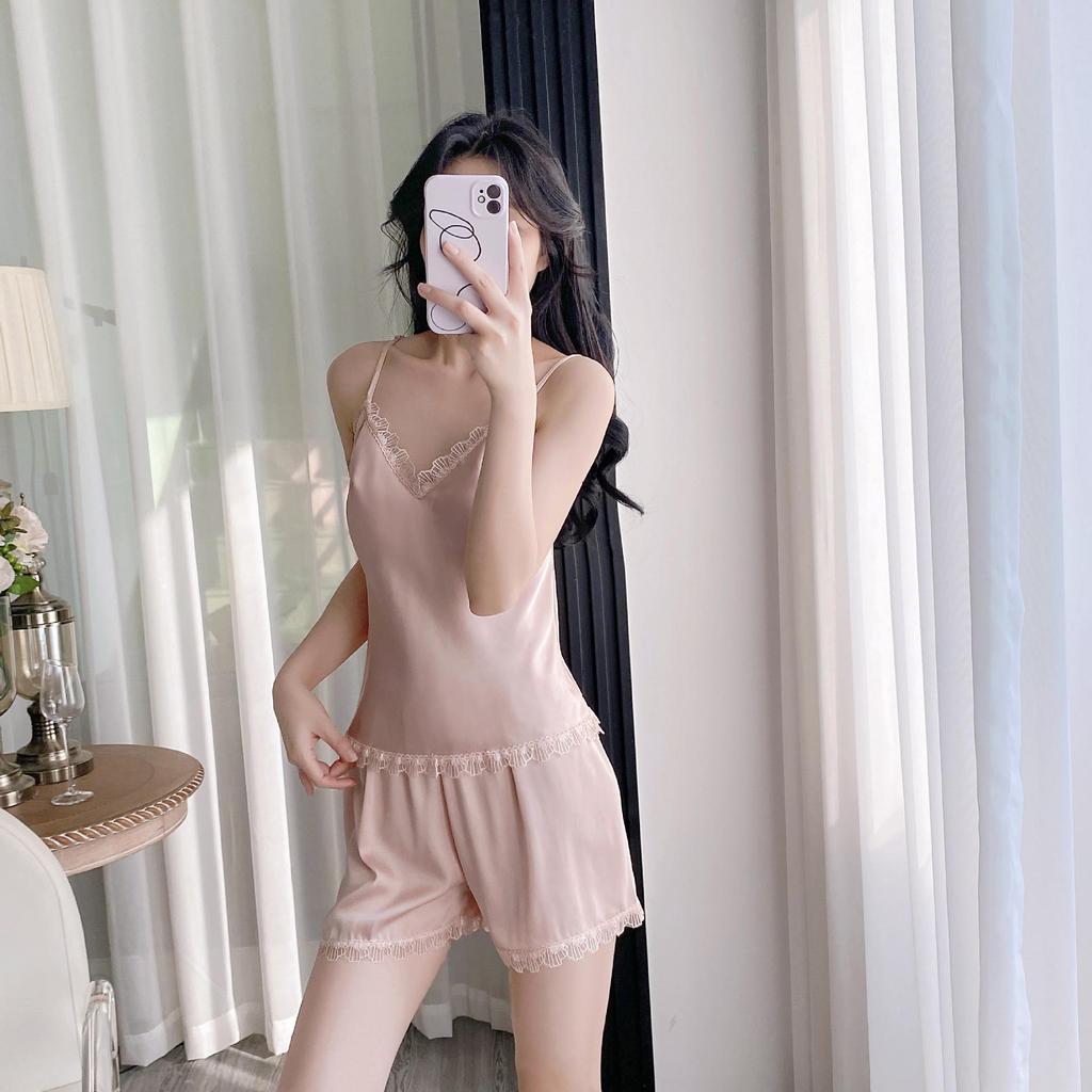 Women's Summer Ice Silk Lace Trim Pajama Set with Chest Pads