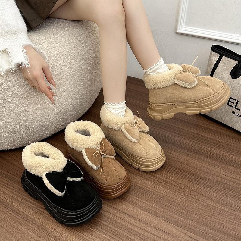 Women's Lightweight Chunky-Soled Winter Insulated Snow Boots with Bow Detail Faux Fur Lining, Slip-Resistant, Durable, Casual Athletic Cotton Boots