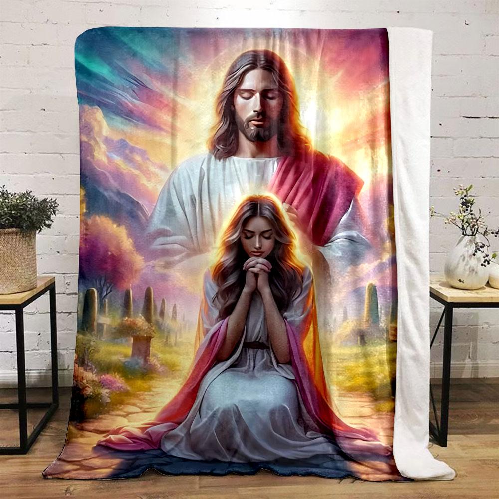Jesus Praying Woman Religious Blanket  Printed Blanket for Living Room Bed Couch lunch break Soft Cozy Blanket for Friend's festival Gift
