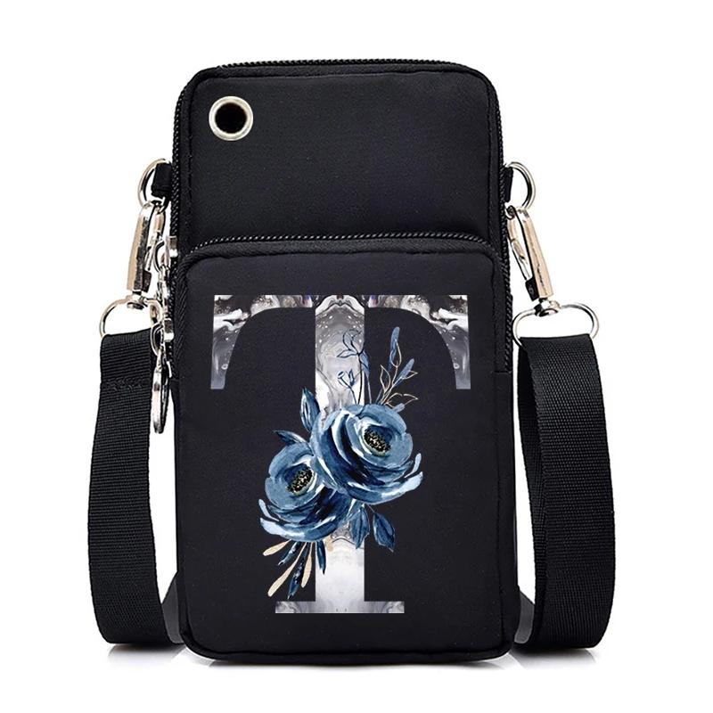 Blue Roses Alphabet Print Small Shoulder Bag 26 Letters Mini Crossbody Phone Bag for Women