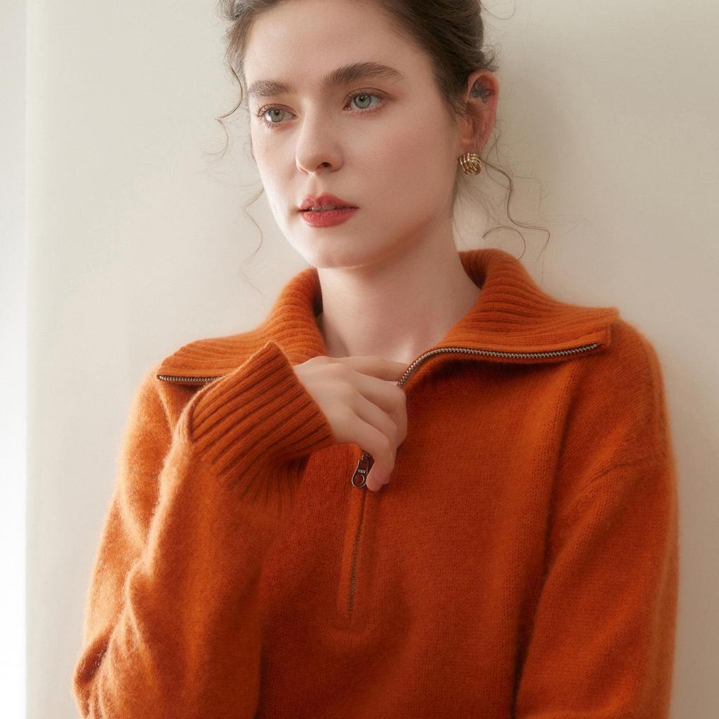 Women's Double-Strand Cashmere Half-Zip Hoodie: 2025 Autumn/Winter Collection.