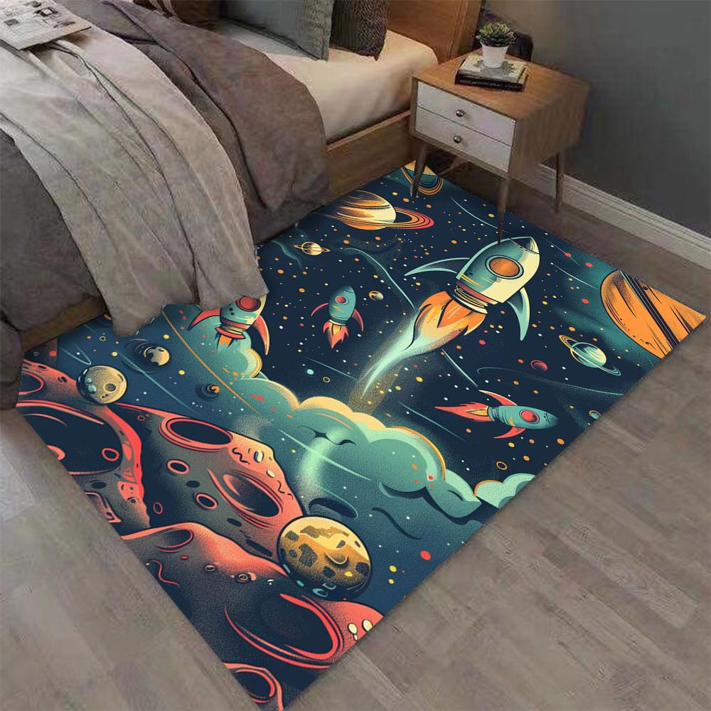 Space Rocket Planet Print Carpet Kids Bedroom Rug Exquisite Non-slip Soft Mat Galaxy Theme Home Decoration Living Room Floor Mat