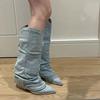 Stivali Alti Fino alla Coscia in Denim Blu con Pieghe da Donna Autunno Nuovo Tacco Grosso Punta Appuntita Stivali Cowboy Donna Slip On Stivali Lunghi Western