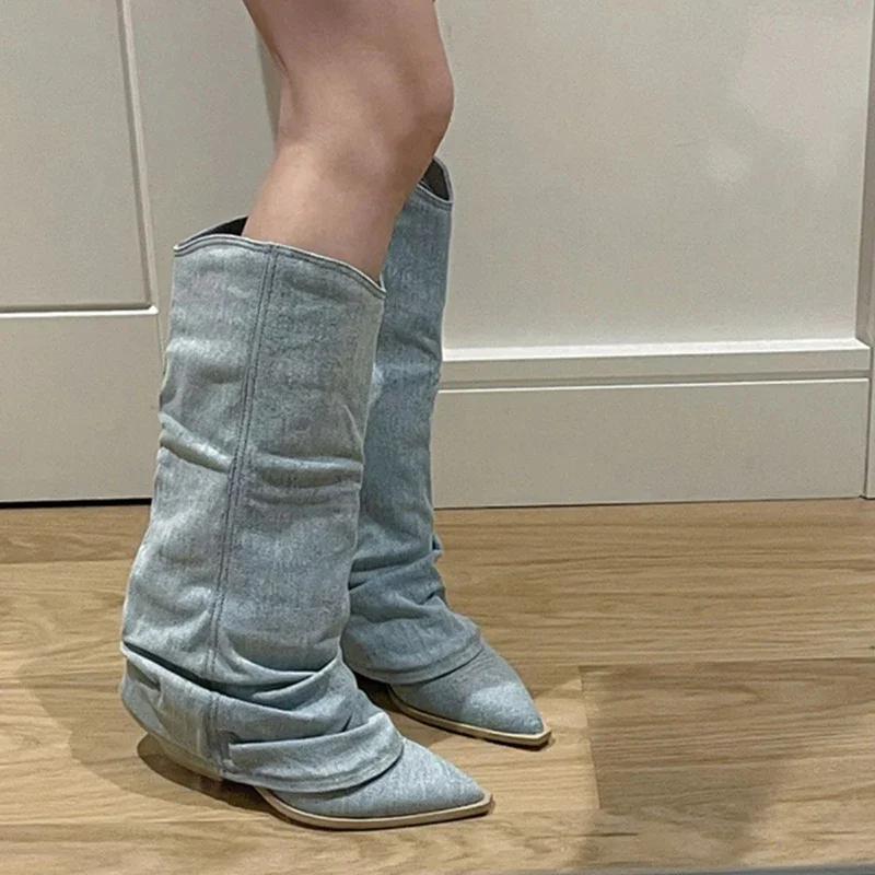 Stivali Alti Fino alla Coscia in Denim Blu con Pieghe da Donna Autunno Nuovo Tacco Grosso Punta Appuntita Stivali Cowboy Donna Slip On Stivali Lunghi Western