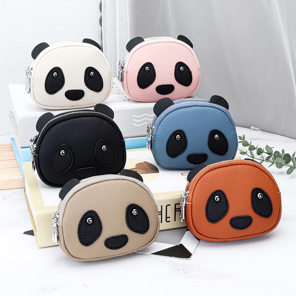 Yocipa Genuine Leather Panda Coin Purse with Keychain, Women's Mini Wallet, Cute Pouch, Small Animal Design Wallet, Double-Layer Zipper closure,