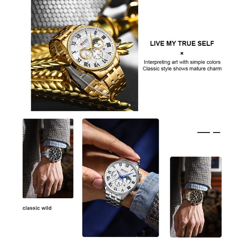 CURREN Noul ceas pentru bărbați de top Business Ceas cu curea din oțel, calendar de cuarț, cronograf cu șase ace, instrucțiuni