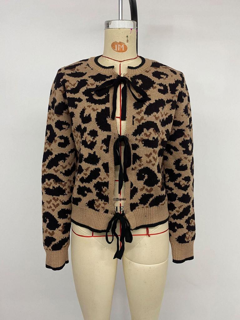 2026 Autumn/Winter Leopard Print Lace-up Round Neck Cardigan Sweater