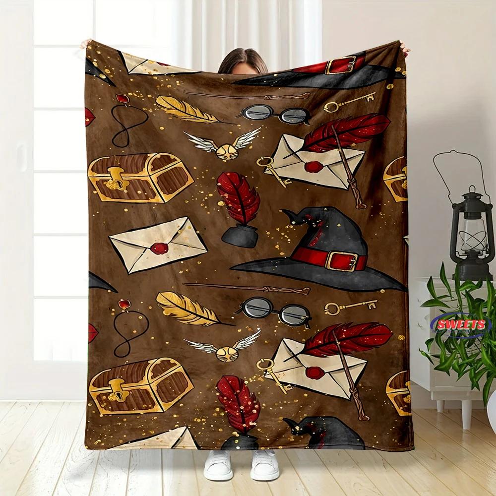 Soft Flannel Throw Blanket with Magic Hat Pattern for Bedroom Sofa Picnic Outdoor Leisure Nap Gifts