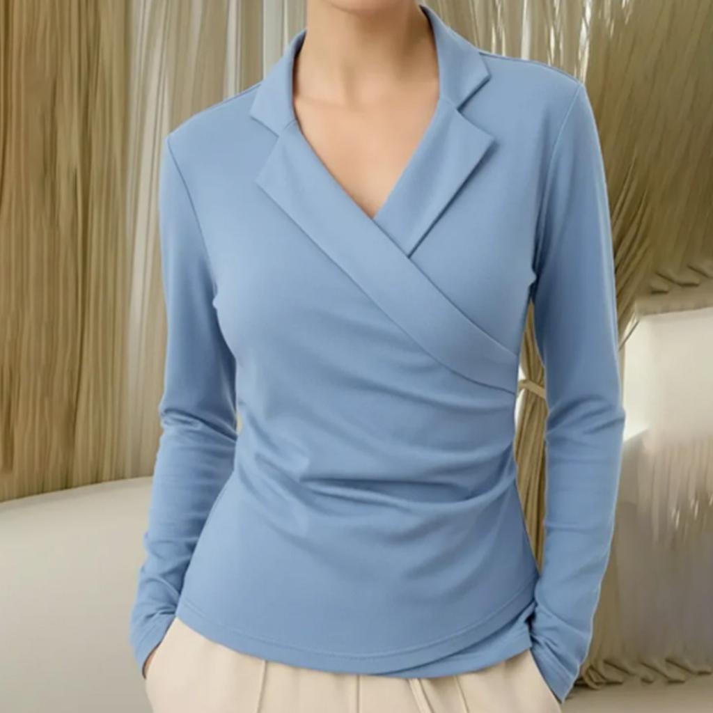 Women's Aolid Color Long Sleeved Suit Collar Pullover Top