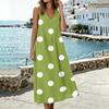 Sleeveless V Neck Dress with Side Pockets and Side Slits Polka Dot Pattern Cotton Linen Blend Casual Midi Dress for Women