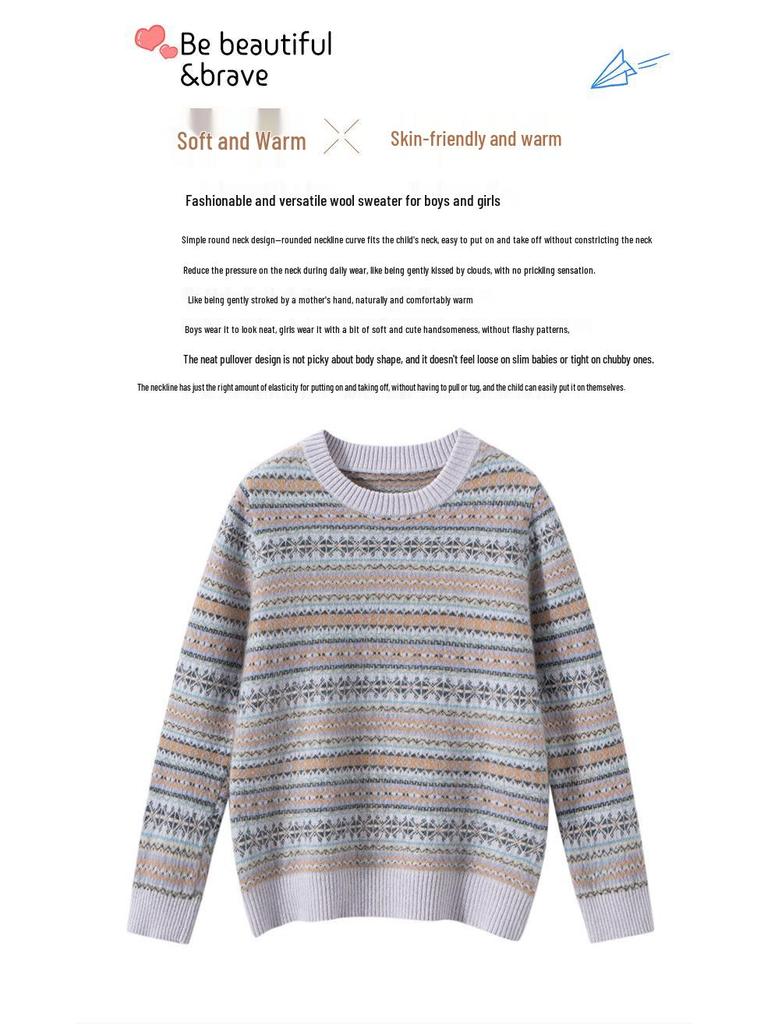 Children’s Pure Wool Fair Isle Sweater - Warm Thickened Knit with Round Neck for Autumn/Winter 2025