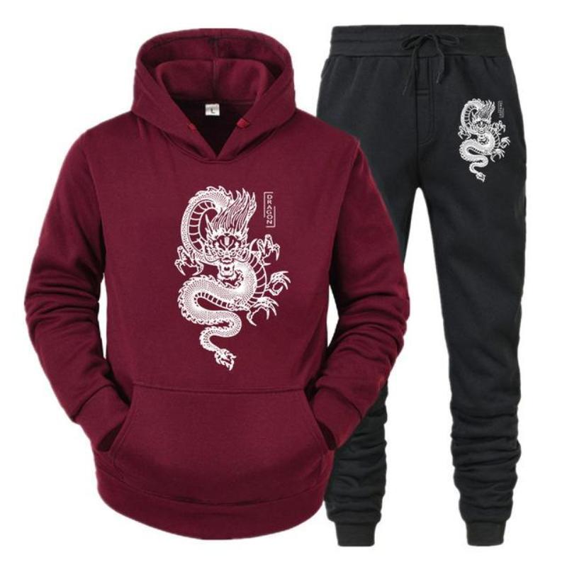 Men's And Women's Long Sleeves Set Hoodie+Pant Spring Winter Dragon Print Casual Sweatshirt Sportwear Men Clothing