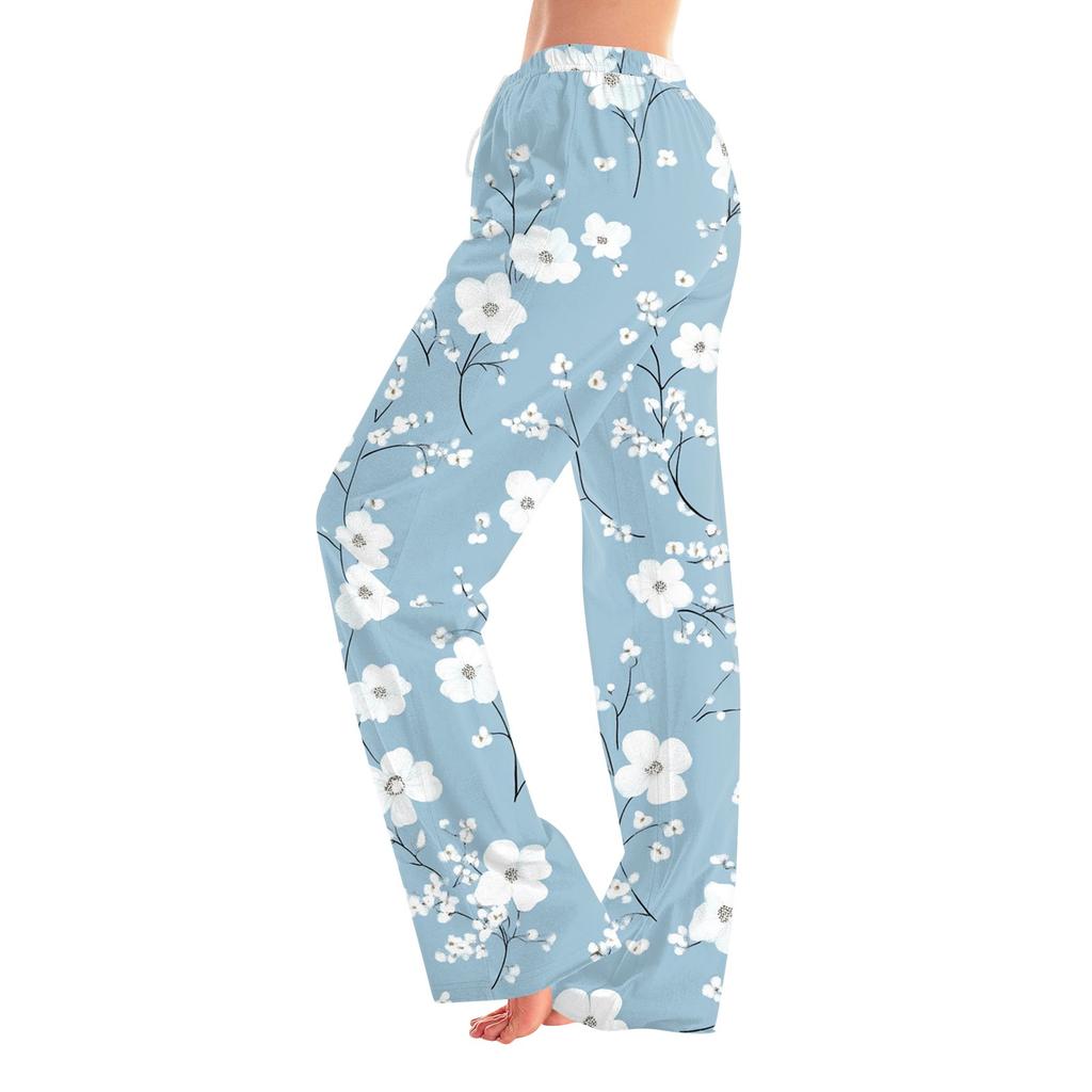 Womens Pajama Pants Sleepwear Casual Drawstring Elastic Waist Pants Comfy Straight Yoga Loose Trousers