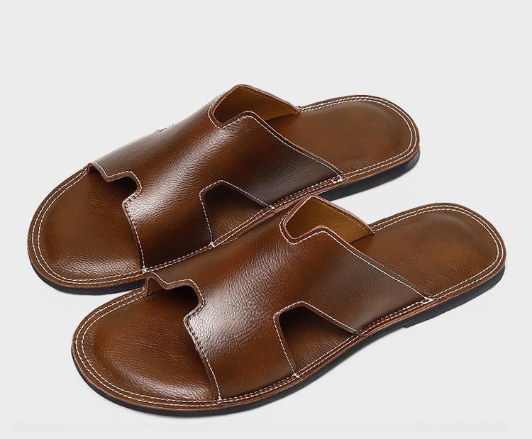 Men's Genuine Leather Cross Strap Slip-on Slippers, Size 46-47, Non-slip Outdoor Beach Flip Flops