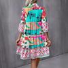Women's Bohemian Geometric Print V‑Neck 3/4 Bell Sleeve Ruffle Hem Loose A‑Line Mini Dress