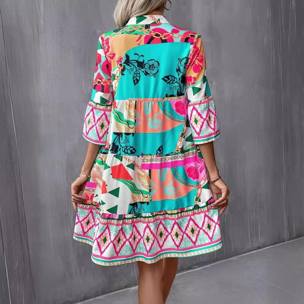 Women's Bohemian Geometric Print V‑Neck 3/4 Bell Sleeve Ruffle Hem Loose A‑Line Mini Dress