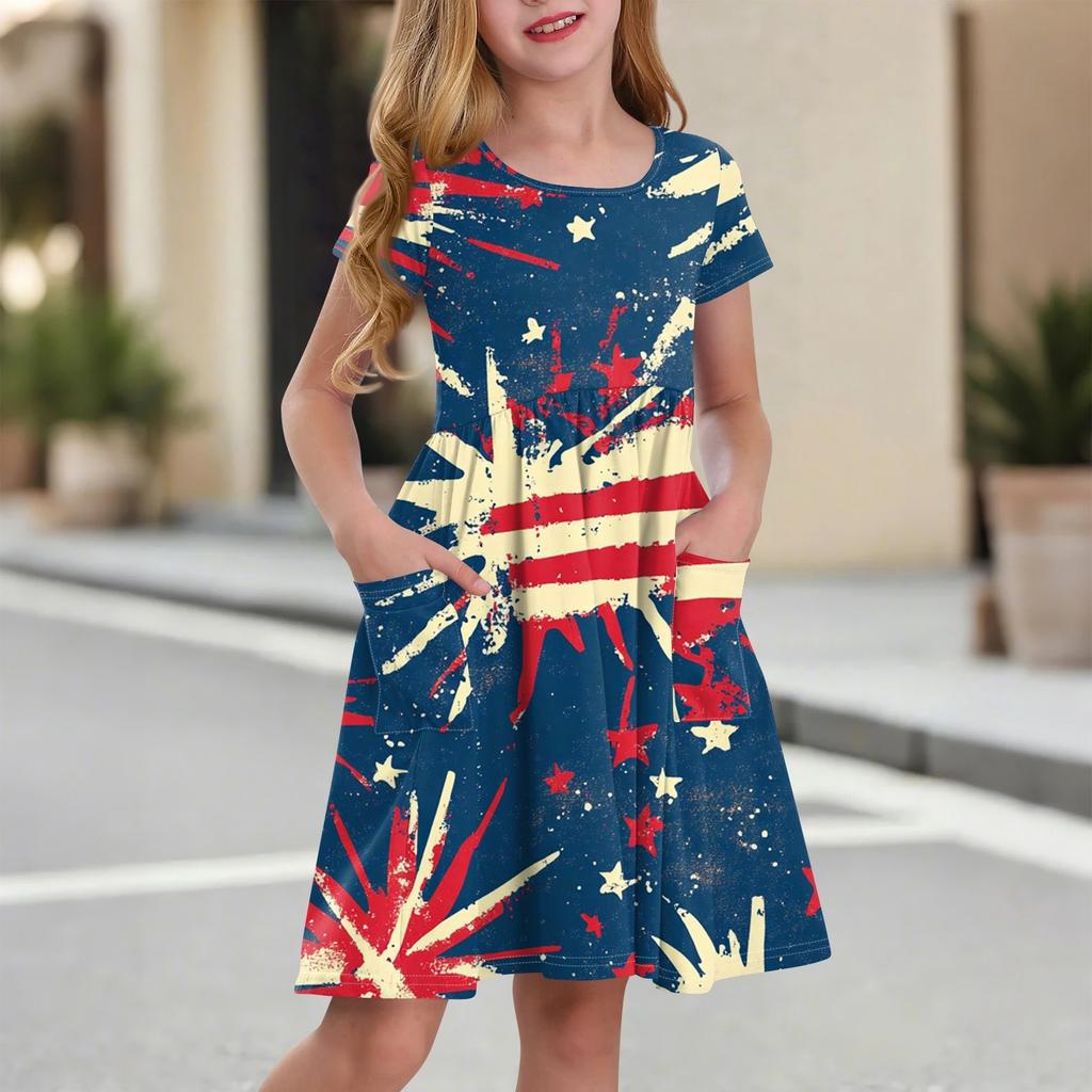 Children's Round-Neck Short-Sleeved Princess Dress Fashionable And Casual Pocket Girl Independence Day Dress