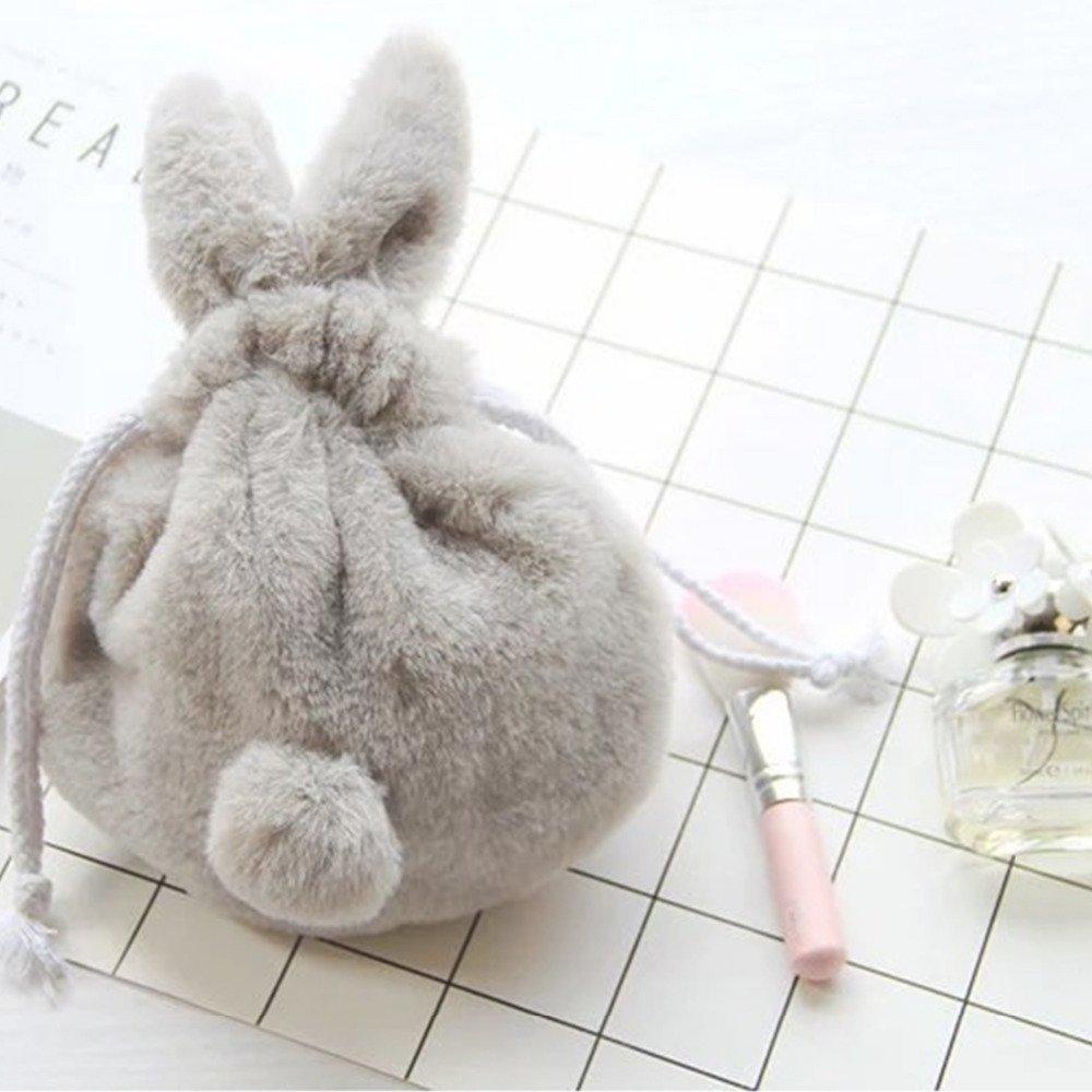 Kingsie Fluffy Rabbit Makeup Drawstring Bag for Cosmetics and Travel Pouch, (Gray)