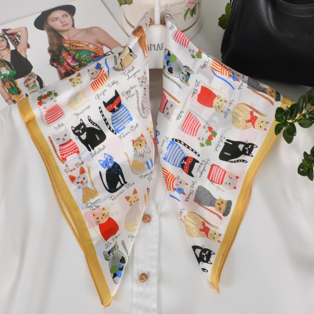 [BYSIFA] Blue Yellow Women Fashion Plaid Pattern 100% Silk Scarf Small Square Scarves Elegant Floral Ladies Hair Accessories