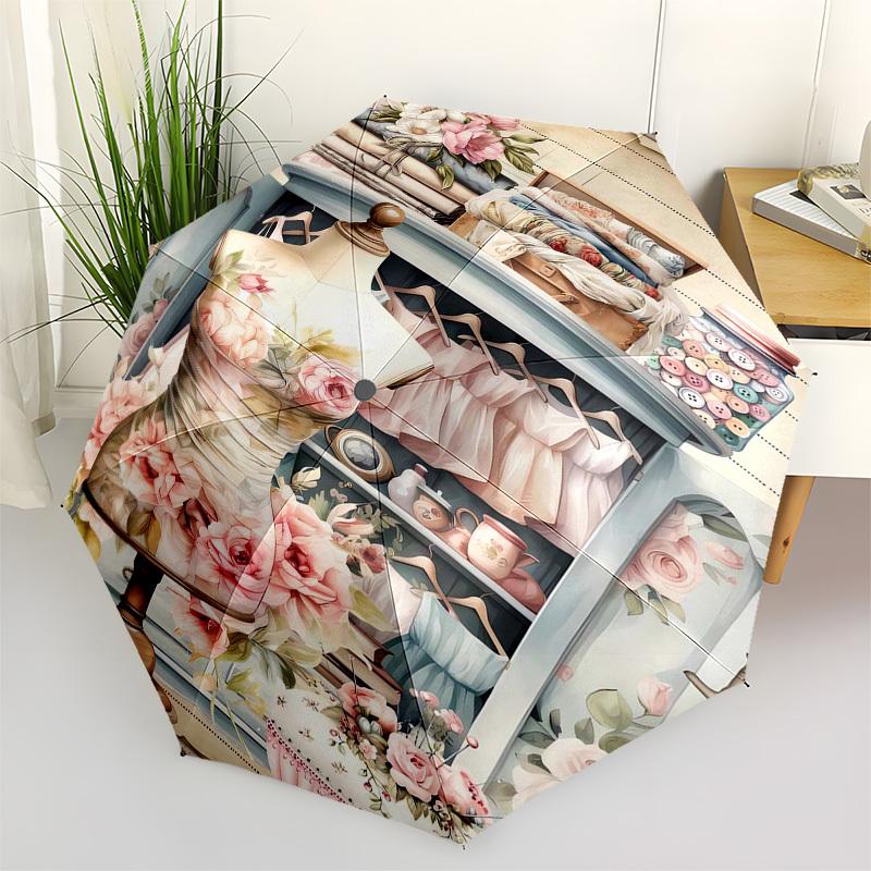 

Fashion, Dressmaking Themed Automatic Opening and Closing Umbrella, Compact Travel Umbrella, Lightweight and Portable, Suitable for Beach Co