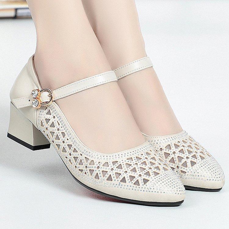 Mesh sandals hollow breathable single shoes 2025 summer new low-heeled dancing women's shoes fashion mother thick-heeled sandals