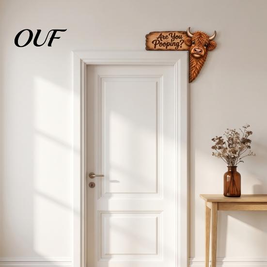 Cute Animal Door Ornament Funny Highland Cow Topper Sign, Are You Pooping Bathroom Decor, Farmhouse Style Accessories Peeking Corner for Restroom Home