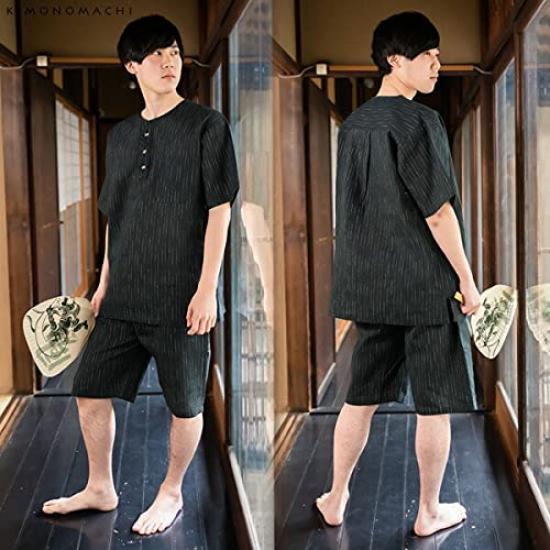 KIMONOMACHI Henley Multicolored Size Perfect Gift for Day or Respect for the Aged Day Men's Cotton-Linen Jinbei, Neck, "C Stripes," M, Father's