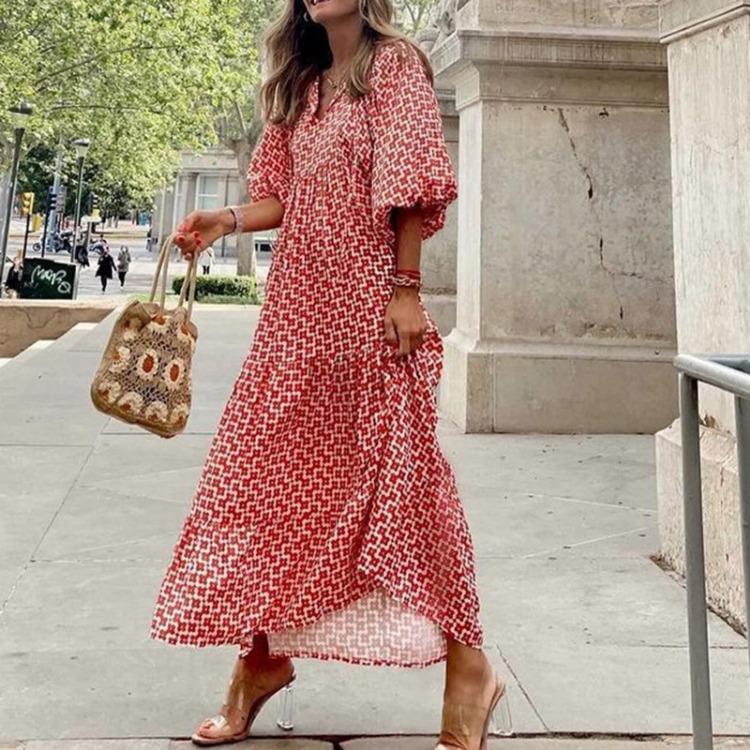 Summer Beach Dress Floral Print Bohemian Long Dress Loose V Neck Fashion Women