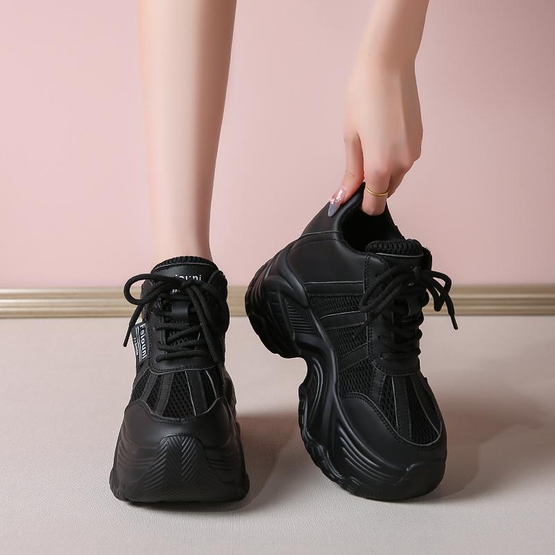 Fashion 7.5CM Women Platform Sneakers Lace-up Autumn Sports Dad Shoes High Top Chunky Casual Shoes Woman Thick Bottom Mesh White Shoes