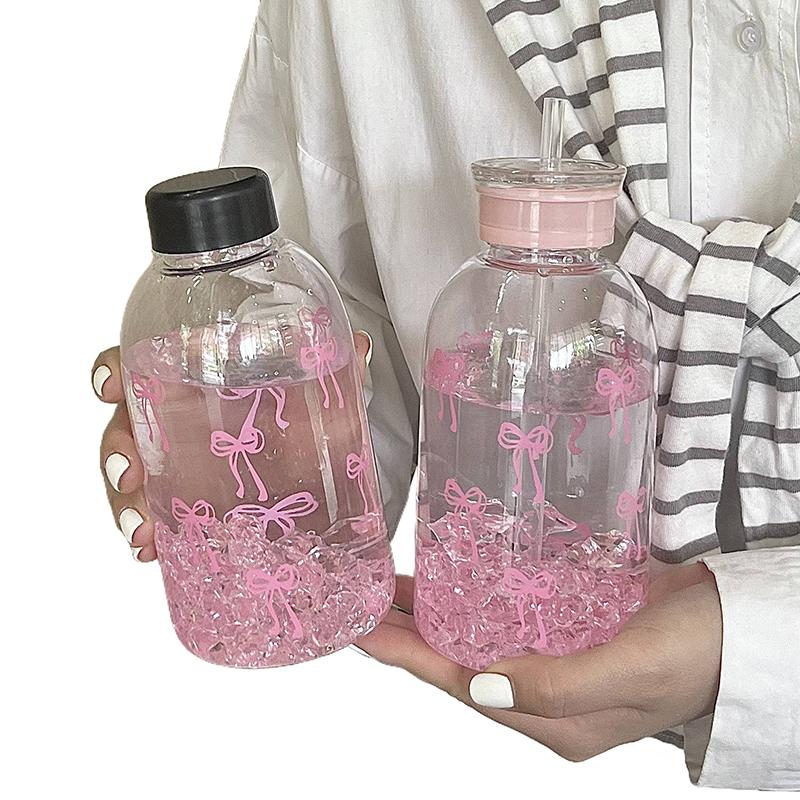 Kawaii Water Bottle Aesthetic Tumbler For Ice Coffee Juice Tea Cute Bowknot Plastic Cups With Straw Lid Portable Drinking Bottle